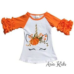 Girls Unicorn Pumpkin Harvest Ruffled Icing Shirt